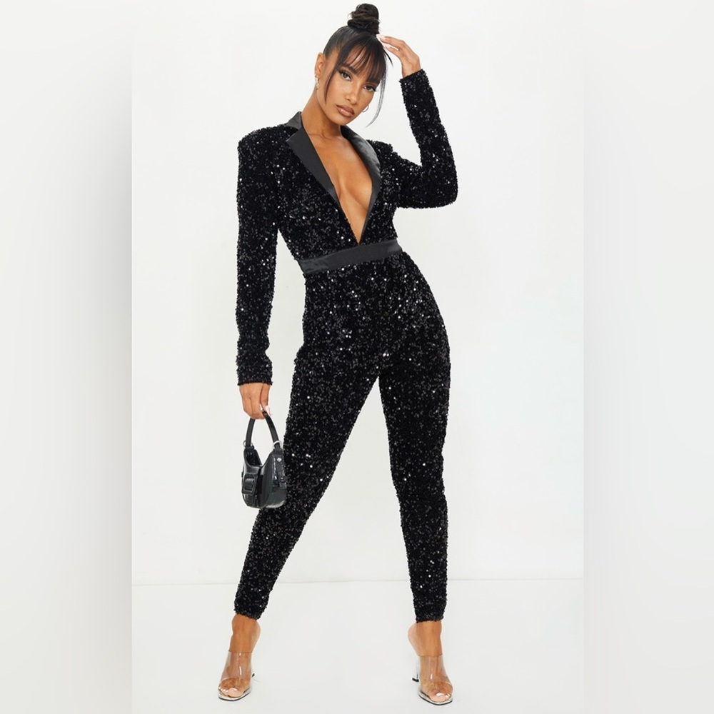 Pretty little thing black velvet Sequin Jumpsuit